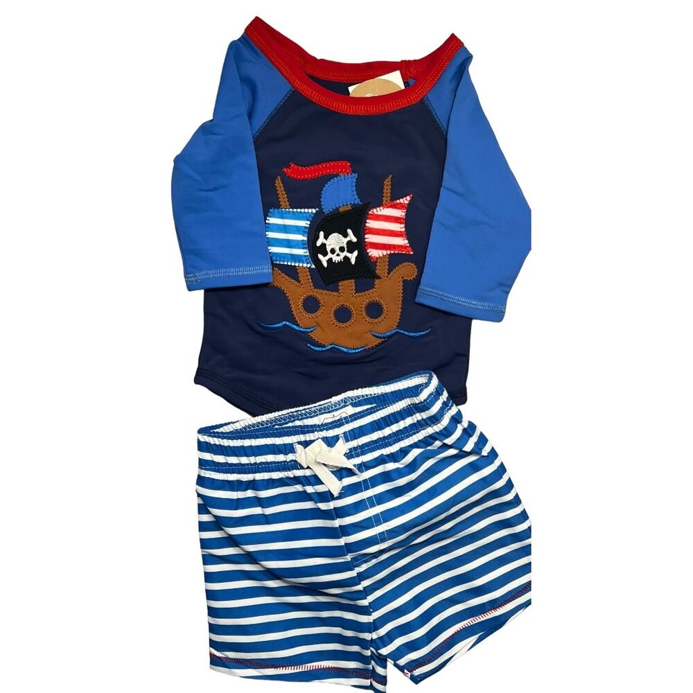 Mud Pie 6-9m NWT pirate rash guard blue stripe swim trunks UPF 50+ swimsuit set